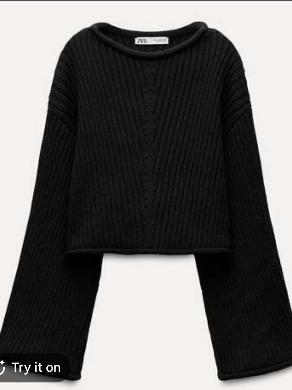 Zara Black Ribbed Wide-Sleeve Crew Neck Sweater